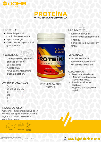 Proteína Vitaminada JOHS Sabor Vainilla  Suplemento Alimenticio con Proteína, Vitaminas y Probióticos